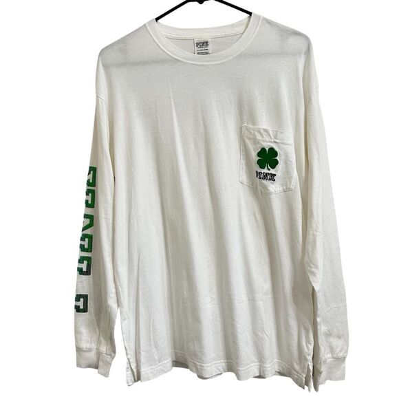 VICTORIA'S SECRET PINK "IRISH IT WAS HAPPY HOUR" SEQUIN LONG SLEEVE‎ TEE SMALL - Picture 1 of 8